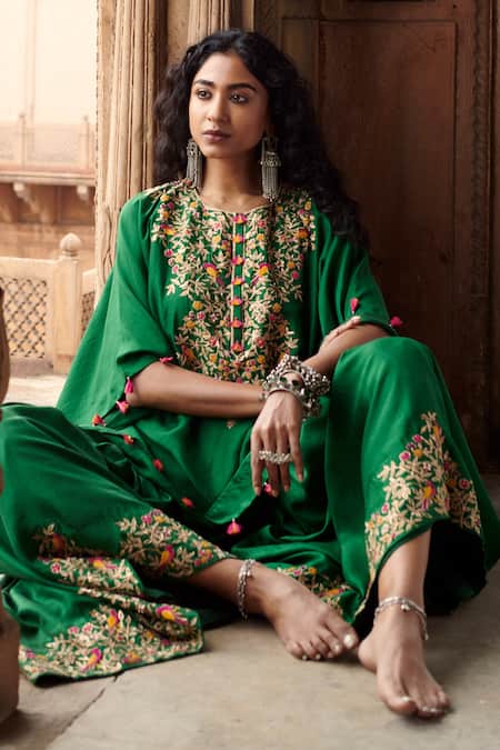 Shop Pink City By Sarika Green Silk Pearls, Zari, Embroidery Round Bageecha Yoke Kaftan With Sharara at Aza Fashions Shop_Pink City By Sarika_Green Silk Pearls, Zari, Embroidery Round Bageecha Yoke Kaftan With Sharara _at_Aza_Fashions