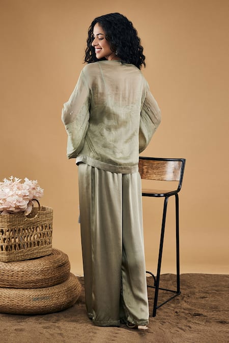 Shop Soup By Sougat Paul Grey Satin Embroidery V-neck Azra Embellished Overlapped Top And Pant Set at Aza Fashions Shop_Soup By Sougat Paul_Grey Satin Embroidery V-neck Azra Embellished Overlapped Top And Pant Set _at_Aza_Fashions