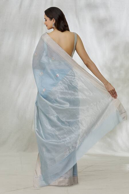 Shop Mint N Oranges Blue Chanderi Zari Motif Pattern Saree With Unstitched Blouse Fabric at Aza Fashions Shop_Mint N Oranges_Blue Chanderi Zari Motif Pattern Saree With Unstitched Blouse Fabric_at_Aza_Fashions