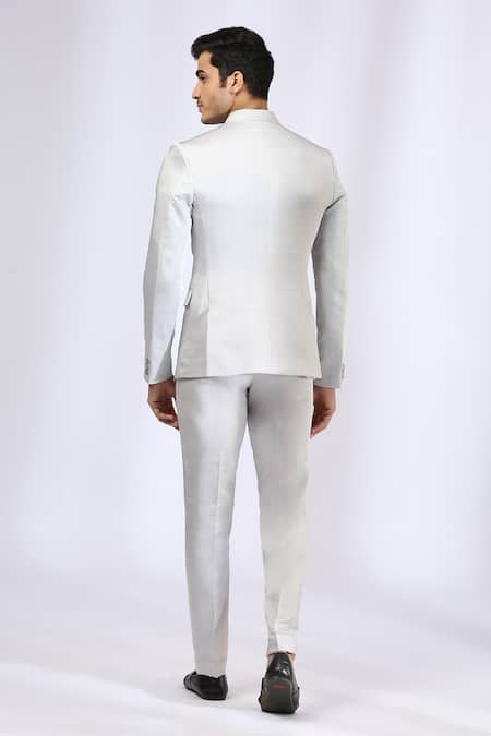 Shop_Neha Gursahani_Grey Satin Linen Button Down Bandhgala Set _at_Aza_Fashions