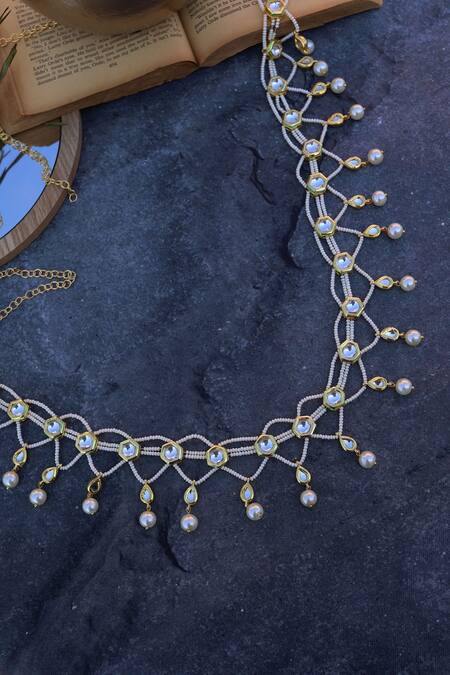 Shop Do Taara Gold Kundan And Pearls Embellished Waistband at Aza Fashions Shop_Do Taara_Gold Kundan And Pearls Embellished Waistband_at_Aza_Fashions