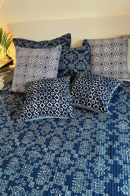 Shop_Cocobee_Blue 100% Cotton Hand Block Print Bedcover Set _at_Aza_Fashions