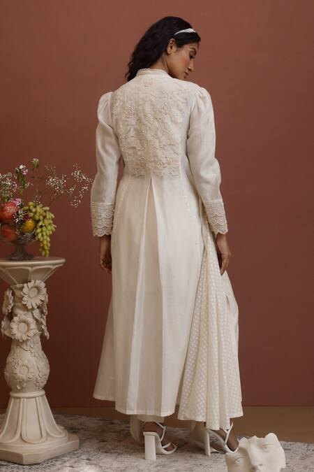 Shop Neha Poddar Ivory Kurta Chanderi And Pants Summer Silk Cutwork Flower Embellished & Set at Aza Fashions Shop_Neha Poddar_Ivory Kurta Chanderi And Pants Summer Silk Cutwork Flower Embellished & Set _at_Aza_Fashions