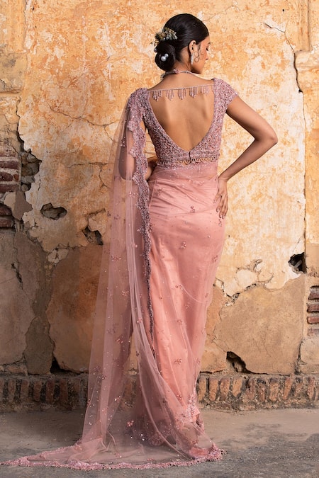 Nitika Gujral Pink Net, Lycra, Satin Crystals, Beads Plunge Embroidered And Work Saree Set Online at Aza Fashions Nitika Gujral_Pink Net, Lycra, Satin Crystals, Beads Plunge Embroidered And Work Saree Set _Online_at_Aza_Fashions