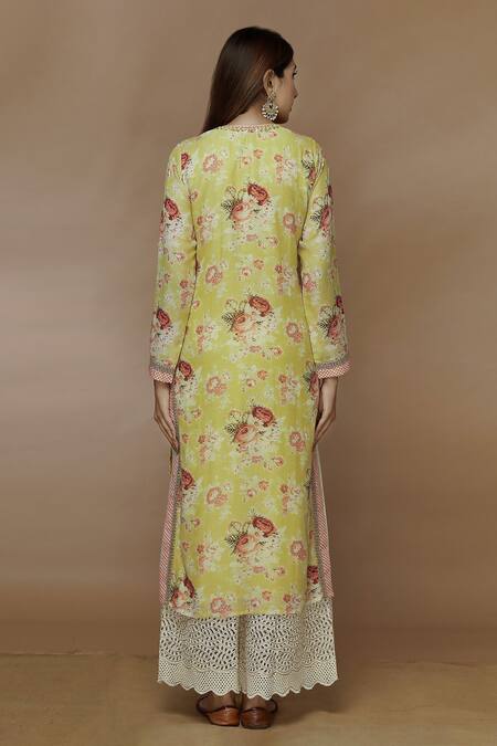 Shop_Gopi Vaid_Yellow Cotton Silk Print Flower Bagh Round Neck Floral Tunic _at_Aza_Fashions