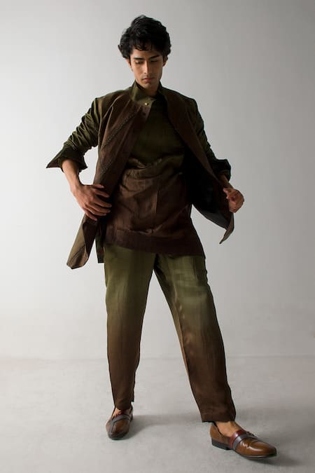 Shop Jatin Malik Brown Linen, Silk Embroidery Ombre Farisha Shacket at Aza Fashions Shop_Jatin Malik_Brown Linen, Silk Embroidery Ombre Farisha Shacket _at_Aza_Fashions