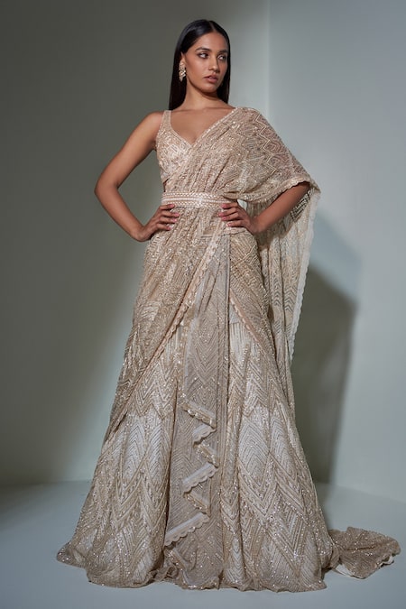 Shop_Ritika Mirchandani_Gold Net, Crepe And Double Georgette Resham, Embroidered Lehenga Saree With Blouse _at_Aza_Fashions