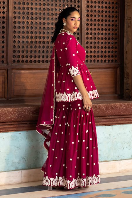 Shop Preevin Fuchsia Cotton, Net Embroidery, Lace V-neck Short Angarkha Sharara Set at Aza Fashions Shop_Preevin_Fuchsia Cotton, Net Embroidery, Lace V-neck Short Angarkha Sharara Set _at_Aza_Fashions