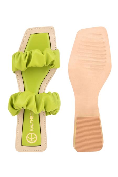 Shop Kaltheos Green Plain Maureen Square Toe Ruffle Strap Block Heels at Aza Fashions Shop_Kaltheos_Green Plain Maureen Square Toe Ruffle Strap Block Heels_at_Aza_Fashions