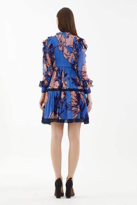Shop Koai Blue Chiffon Floral Round Frill Bishop Sleeve Dress at Aza Fashions Shop_Koai_Blue Chiffon Floral Round Frill Bishop Sleeve Dress_at_Aza_Fashions