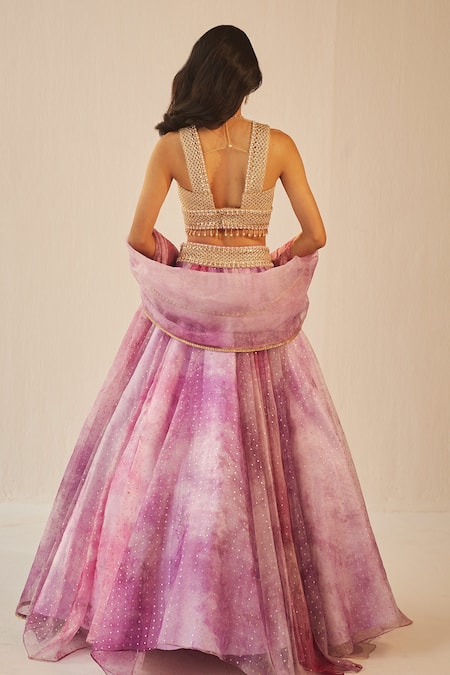 Shop Cedar & Pine Purple Organza, Net Beads, Mirrors Collared Textured Lehenga Set at Aza Fashions Shop_Cedar & Pine_Purple Organza, Net Beads, Mirrors Collared Textured Lehenga Set _at_Aza_Fashions