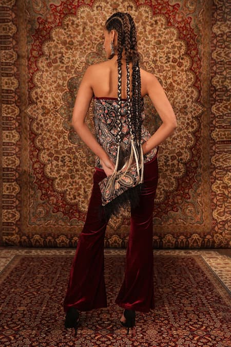 Shop_Aditi Gupta_Wine Top Satin Woven And Embroidered Jamawar Pattern & Kashida Work & Pant Set _at_Aza_Fashions
