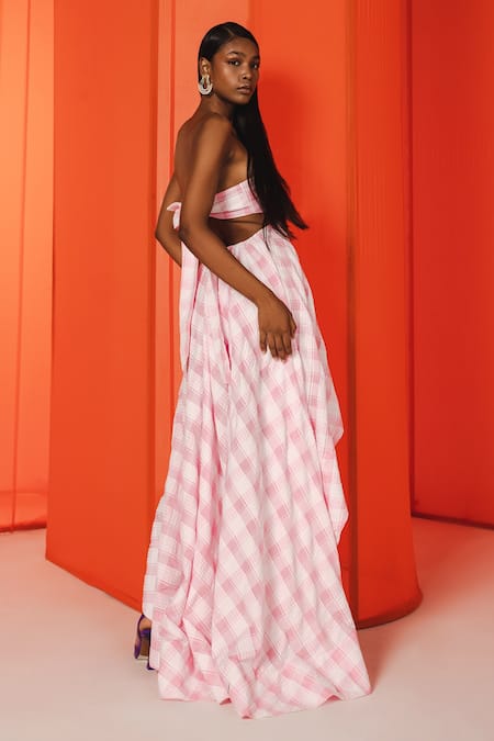 Shop July Issue Pink Cotton Cut Work Square Neck Zane Asymmetric Hem Gingham Dress at Aza Fashions Shop_July Issue_Pink Cotton Cut Work Square Neck Zane Asymmetric Hem Gingham Dress _at_Aza_Fashions