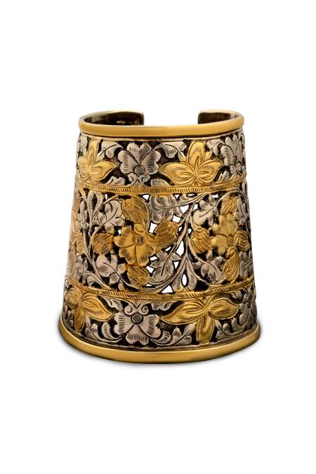Shop Neeta Boochra Gold Plated Tribal Floral Pattern Cuff at Aza Fashions Shop_Neeta Boochra_Gold Plated Tribal Floral Pattern Cuff_at_Aza_Fashions
