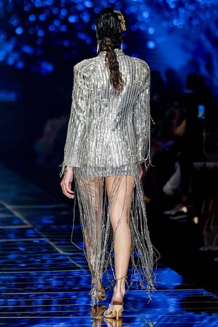 Shop_Geisha Designs_Grey Jacket Nylon Embroidery Sequin Shawl Shirley And Skirt Set  _at_Aza_Fashions