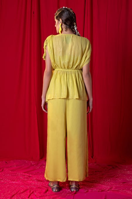 Enech Yellow Shimmer Peplum Kaftan & Palazzo Set 