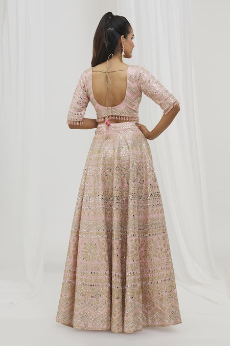 Shop Vandana Sethi Pink Denim, Silk, Chiffon Mirrors, Gota Floral Embellished Bridal Lehenga Set at Aza Fashions Shop_Vandana Sethi_Pink Denim, Silk, Chiffon Mirrors, Gota Floral Embellished Bridal Lehenga Set _at_Aza_Fashions