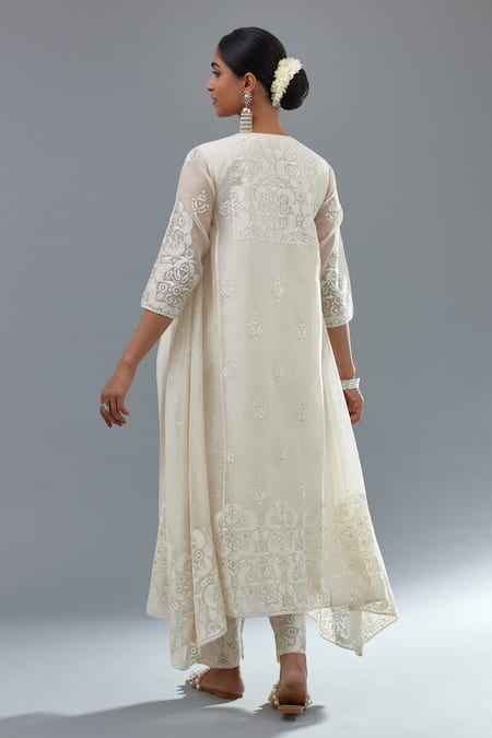 Shop Kora Off White Cotton, Chanderi Sequins, Embroidery Floral A-line Kurta Pant Set at Aza Fashions Shop_Kora_Off White Cotton, Chanderi Sequins, Embroidery Floral A-line Kurta Pant Set _at_Aza_Fashions