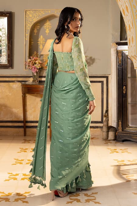 Shop_Suruchi Parakh_Green Georgette Embroidery, Mirrors Square Pre-draped Saree With Printed Blouse _at_Aza_Fashions