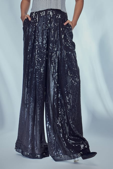 Shop_Style Junkiie_Black Georgette Sequin Work Pleated Pant _at_Aza_Fashions