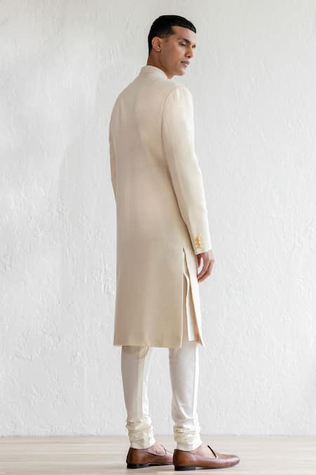 Shop_Qbik_Beige Sherwani Pashmina Stole Embroidery Kashmiri Talq Set_at_Aza_Fashions