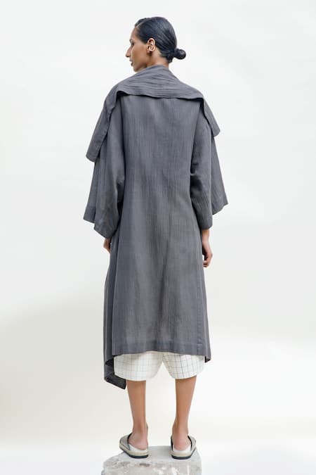 Shop Urvashi Kaur Grey Cotton Open Neck Variable Asymmetric Jacket at Aza Fashions Shop_Urvashi Kaur_Grey Cotton Open Neck Variable Asymmetric Jacket _at_Aza_Fashions