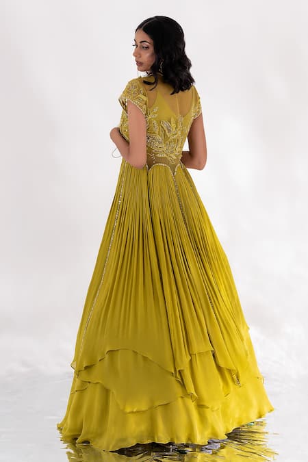 Shop PIRI INDIA Green Organza, Chanderi, Georgette Aliana Godet Yoke Jacket Skirt Set at Aza Fashions Shop_PIRI INDIA_Green Organza, Chanderi, Georgette Aliana Godet Yoke Jacket Skirt Set _at_Aza_Fashions