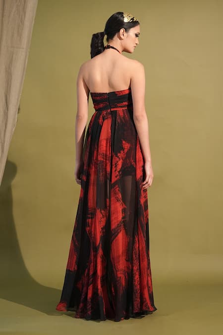 Shop_Nikita Mhaisalkar_Red Chiffon Embroidery Halter Neck Stroke Print High Slit Dress _at_Aza_Fashions