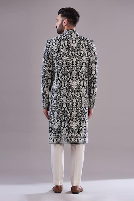Shop Kasbah Blue Velvet Embroidery Floral Sherwani at Aza Fashions Shop_Kasbah_Blue Velvet Embroidery Floral Sherwani _at_Aza_Fashions