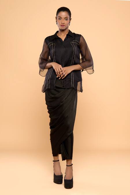 Shop Mayu Kothari Black Modal, Satin Solid Wrap Skirt at Aza Fashions Shop_Mayu Kothari_Black Modal, Satin Solid Wrap Skirt_at_Aza_Fashions