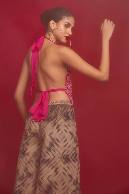 Nandita Thirani_Pink Georgette Beads Cowl Neck Top _Online_at_Aza_Fashions