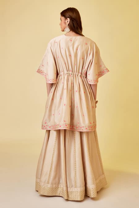 Shop Shyam Narayan Prasad White Chanderi Silk, Denim Thread And Gota Work Angrakha Kurta Skirt Set at Aza Fashions Shop_Shyam Narayan Prasad_White Chanderi Silk, Denim Thread And Gota Work Angrakha Kurta Skirt Set _at_Aza_Fashions