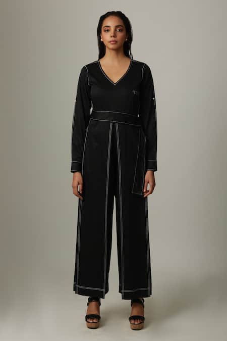 Shop Escape By Aishwarya Black Cotton Satin Embroidery V-neck Stitchline Jumpsuit at Aza Fashions Shop_Escape By Aishwarya_Black Cotton Satin Embroidery V-neck Stitchline Jumpsuit _at_Aza_Fashions