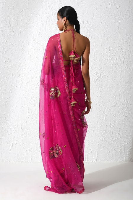 Shop Rishi and Vibhuti Pink Organza, Silk Sequins, Beads Embroidered Saree With Bralette at Aza Fashions Shop_Rishi and Vibhuti_Pink Organza, Silk Sequins, Beads Embroidered Saree With Bralette _at_Aza_Fashions