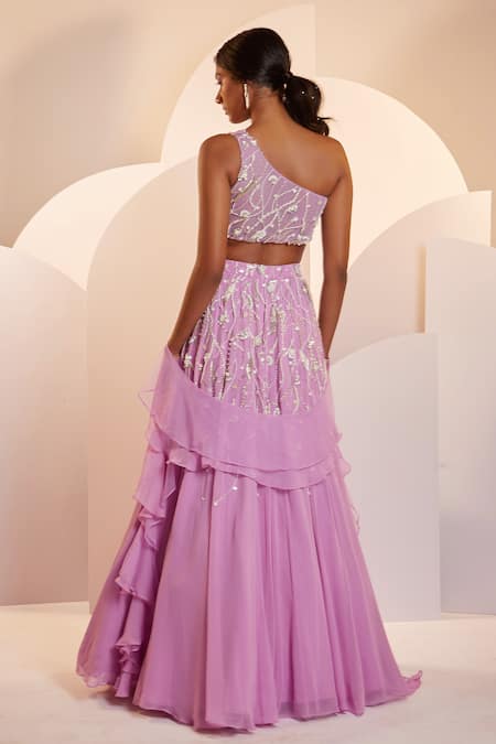 Shop_Shloka Khialani_Purple Georgette Embellished Fiona One Shoulder Blouse Lehenga Set  _at_Aza_Fashions