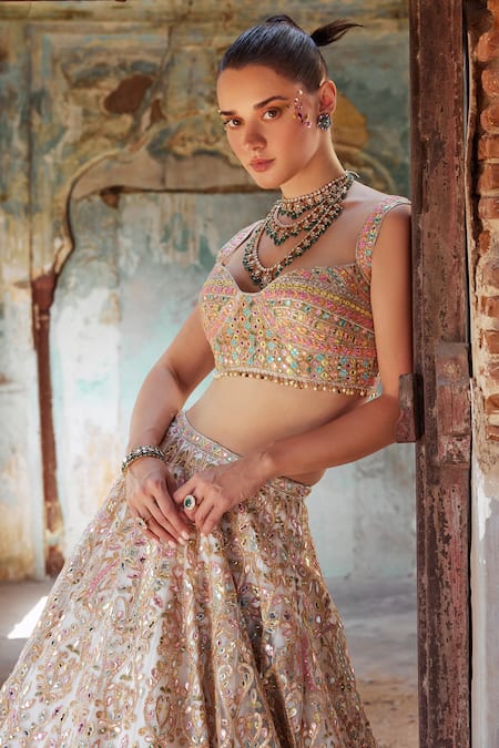 Tamanna Punjabi Kapoor Floral Mirror Embroidered Bridal Lehenga Set 