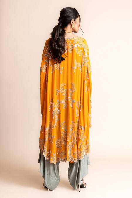 Shop_Nupur Kanoi_Orange Silk Hand Embroidered Triangle Cape With Pant _at_Aza_Fashions