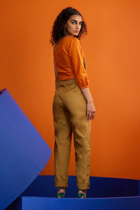 Shop The Dramebaaz CO Orange Cotton Patchwork Asymmetric Earth Colorblock Top And Pant Set at Aza Fashions Shop_The Dramebaaz CO_Orange Cotton Patchwork Asymmetric Earth Colorblock Top And Pant Set _at_Aza_Fashions