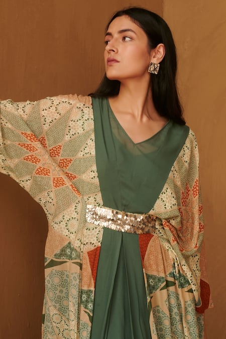 Shop Studio Radical Multi Color Georgette Sequins Round Neck Marrakech Print Pleated Kaftan at Aza Fashions Shop_Studio Radical_Multi Color Georgette Sequins Round Neck Marrakech Print Pleated Kaftan _at_Aza_Fashions