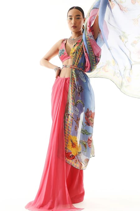 Shop_Mahima Mahajan_Pink Georgette Printed Botanical V Neck Pre-draped Saree With Blouse _at_Aza_Fashions