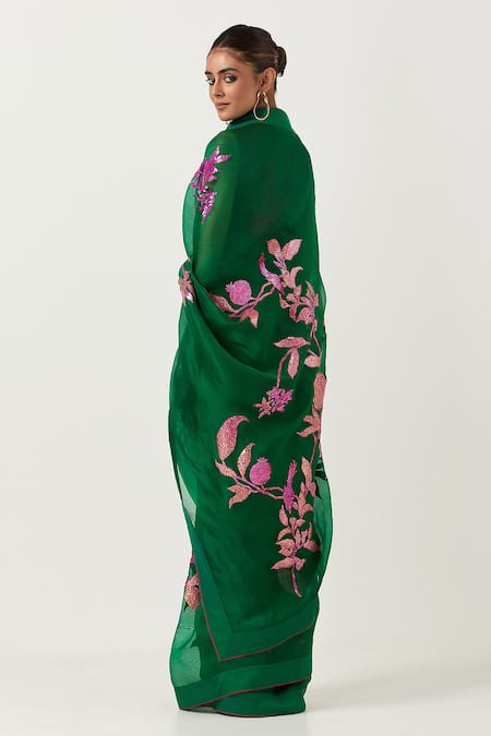 Shop Label Earthen Green Organza, Silk Embroidery Round Neck Harit Sundari Saree With Blouse at Aza Fashions Shop_Label Earthen_Green Organza, Silk Embroidery Round Neck Harit Sundari Saree With Blouse _at_Aza_Fashions