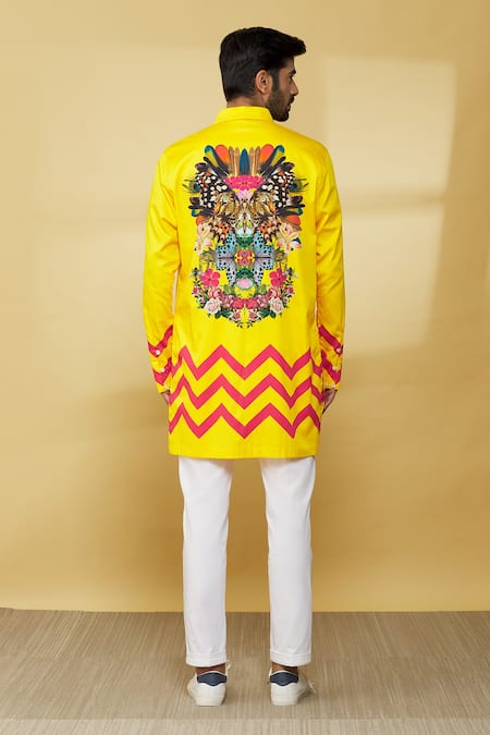 Shop_MR. Ajay Kumar_Yellow Cotton Full Sleeved Floral Print Shirt _at_Aza_Fashions