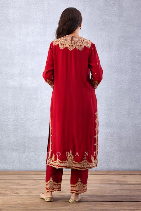 Shop_Torani_Red , Cotton, Organza Embroidery Round Sindoori Urvi Kurta Pant Set _at_Aza_Fashions