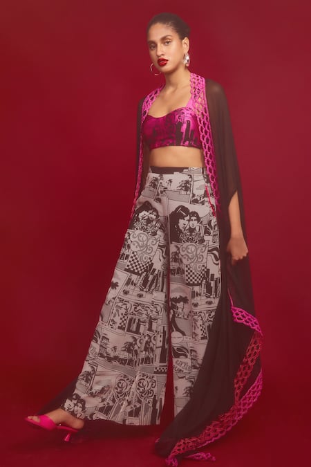 Shop_Nandita Thirani_Black Georgette And Chiffon Print Comic Lace Trim Cape & Trouser Set  _at_Aza_Fashions