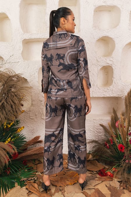 Shop_House Of Fett_Black Crepe Galloping Mare Mandarin Collar Neck Print Shirt And Pant Set _at_Aza_Fashions