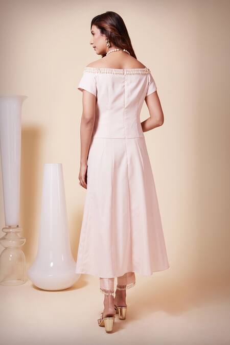 Shop Saaj By Ankita Pink Modal Pearls, Sequins Off-shoulder Applique Embroidered Top And Pant Set at Aza Fashions Shop_Saaj By Ankita_Pink Modal Pearls, Sequins Off-shoulder Applique Embroidered Top And Pant Set _at_Aza_Fashions