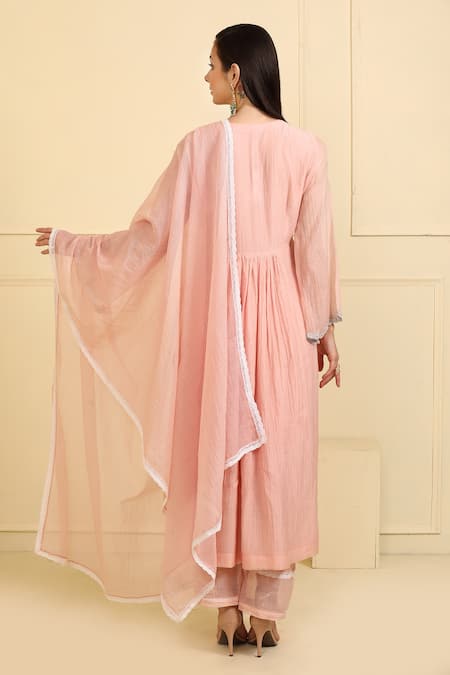 Neha Khullar_Pink Chanderi Silk, Cotton, Muslin Embroidery, Lace Front Gather Kurta Pant Set _Online_at_Aza_Fashions