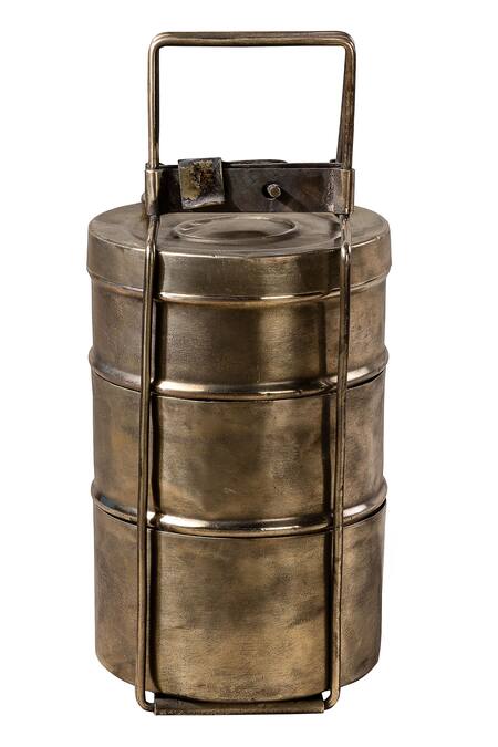 Shop Purana Darwaza Gold Brass Vintage 3 Tier Tiffin Box at Aza Fashions Shop_Purana Darwaza_Gold Brass Vintage 3 Tier Tiffin Box_at_Aza_Fashions