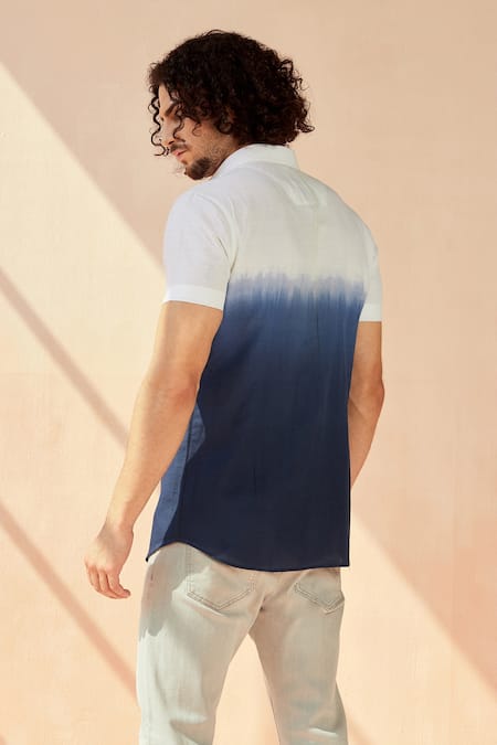 Shop Seven White Cotton Linen Blend Ombre Tie-dye Shirt at Aza Fashions Shop_Seven_White Cotton Linen Blend Ombre Tie-dye Shirt_at_Aza_Fashions