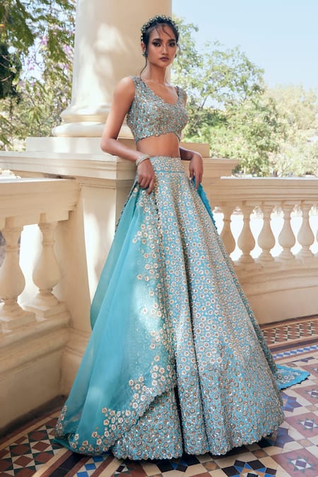 Mrunalini Rao_Blue Silk, Organza Zari, Embroidery Taara Bloom Zardozi Work Bridal Lehenga Set _Online_at_Aza_Fashions
